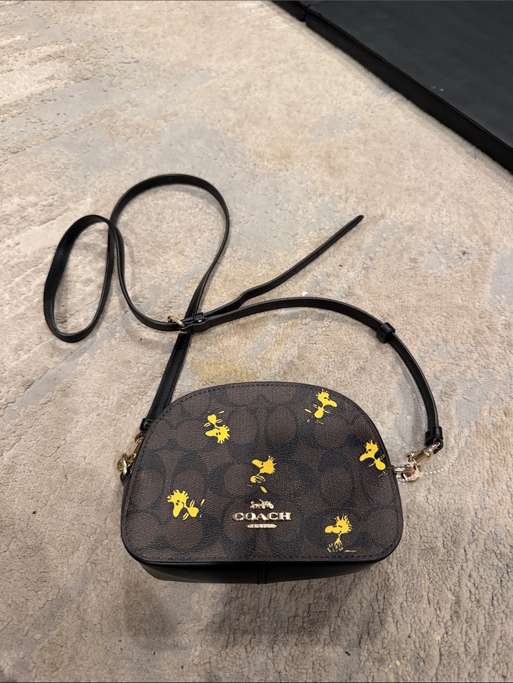 Coach Peanuts Woodstock Crossbody Bag Logo Pattern Brown Gold Hardware in EUC